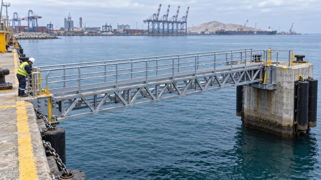 Pasarela metálica de acceso a un dolphin en obras portuarias en Peru