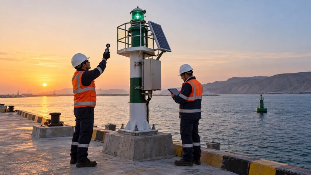Ingenieros verifican una baliza luminosa en obras portuarias en Peru