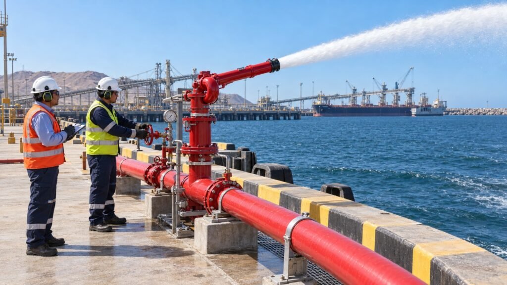 Prueba funcional de un monitor de agua contra incendio en un muelle portuario