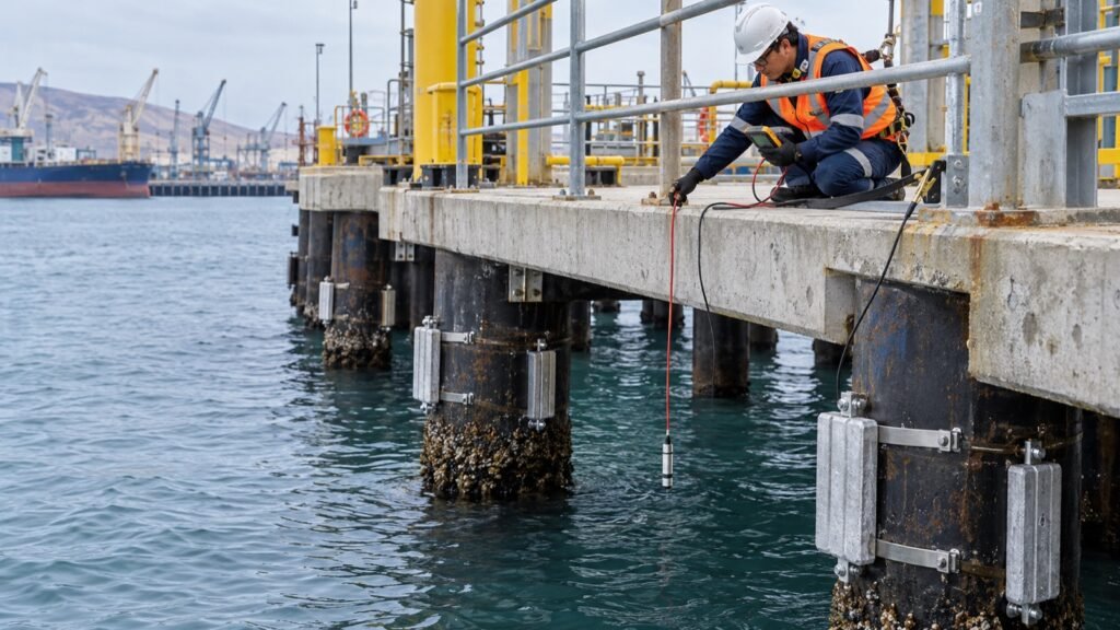 Técnico mide el potencial de protección catódica en pilotes metálicos de un muelle