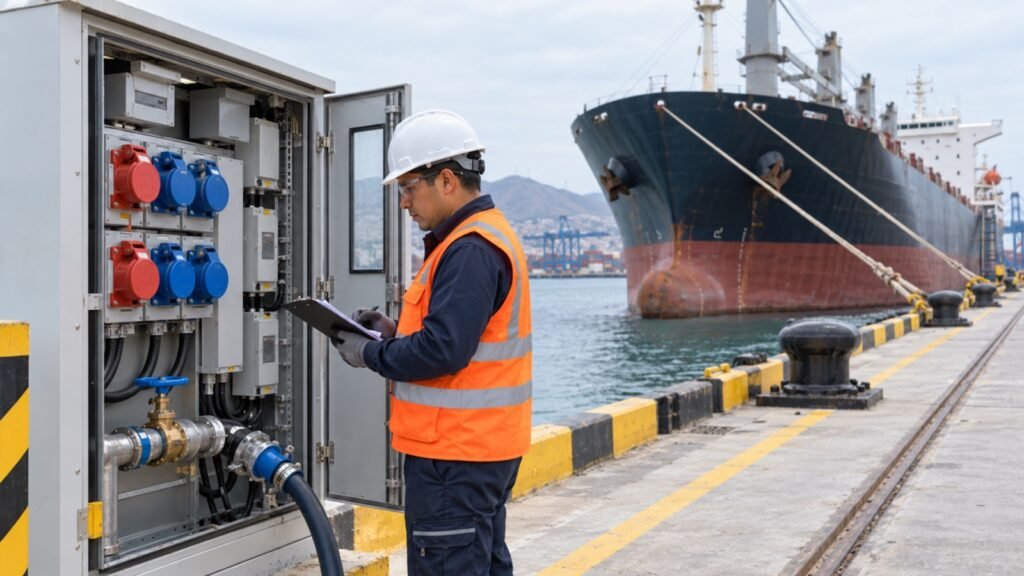 Ingeniero inspecciona un punto de servicios de agua y energía para un buque en el muelle