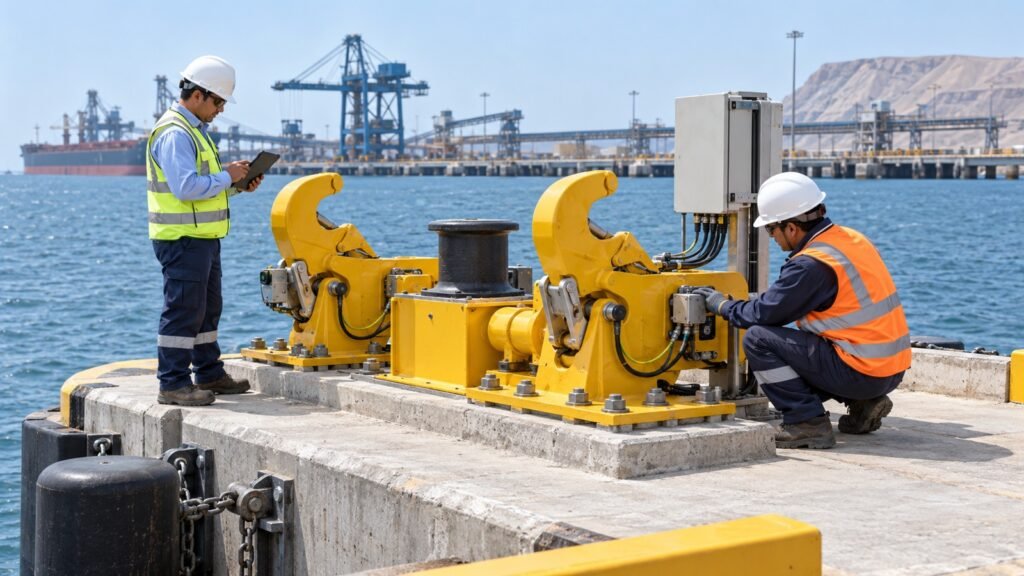 Técnicos inspeccionan ganchos de liberación rápida para amarre en obras portuarias en Peru