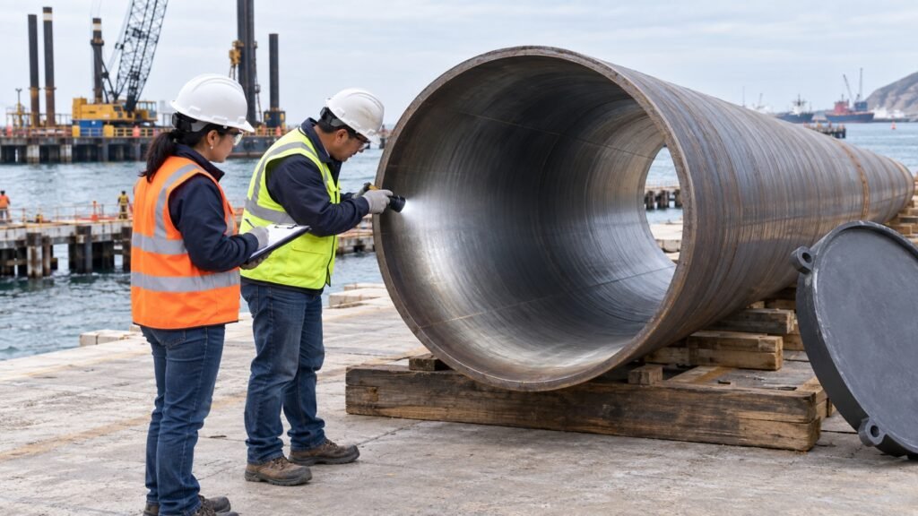 Inspectores verifican el interior limpio de un pilote tubular de acero antes de la hinca