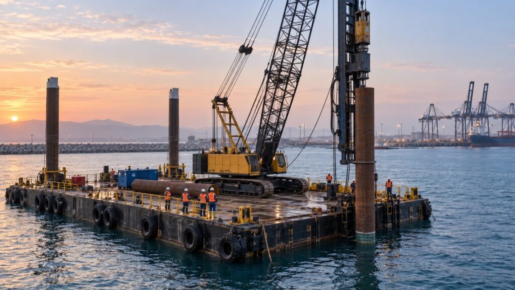 Pontón con grúa y equipo para hincado de pilotes en una obra portuaria