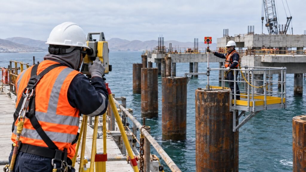 Topógrafo realiza el levantamiento as-built de pilotes hincados en un muelle