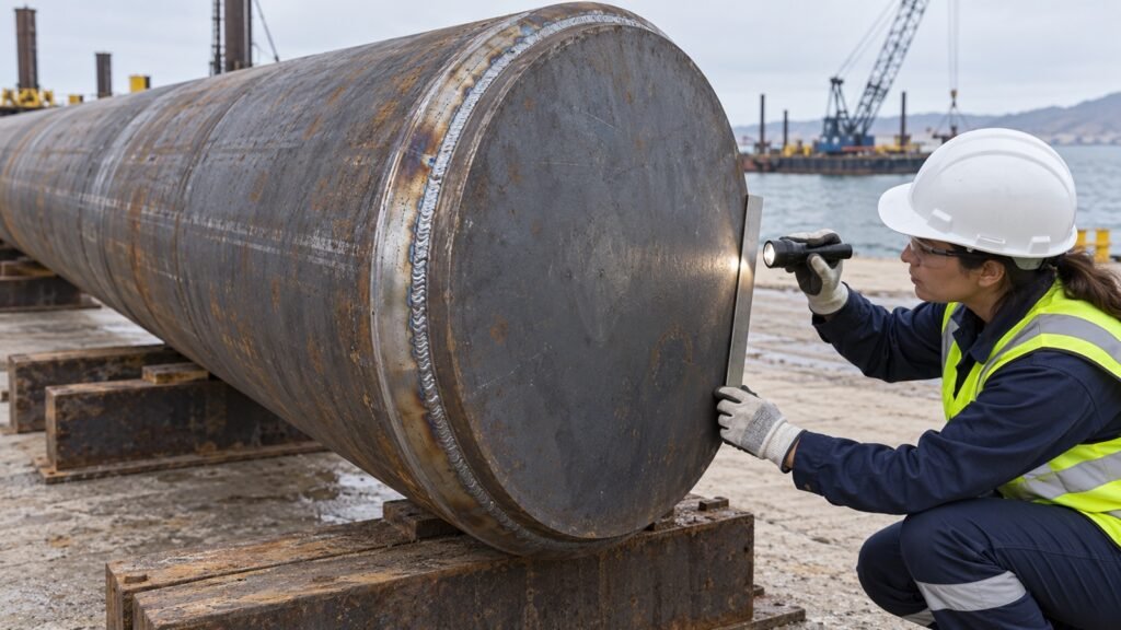 Inspección de placa de cierre soldada en un pilote tubular antes de la hinca