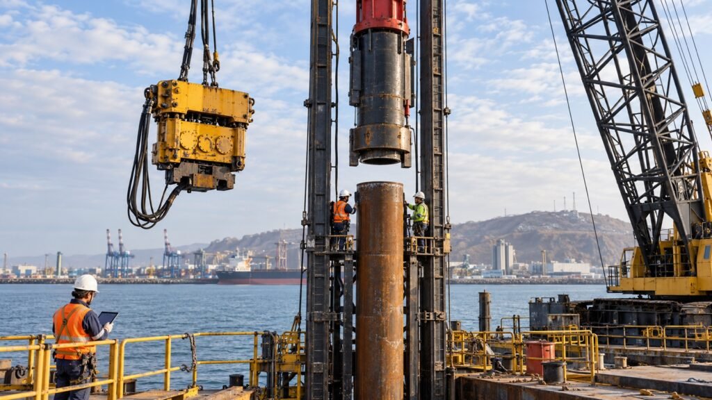 Transición de vibrohincador a martillo de impacto durante la instalación de un pilote tubular en un muelle